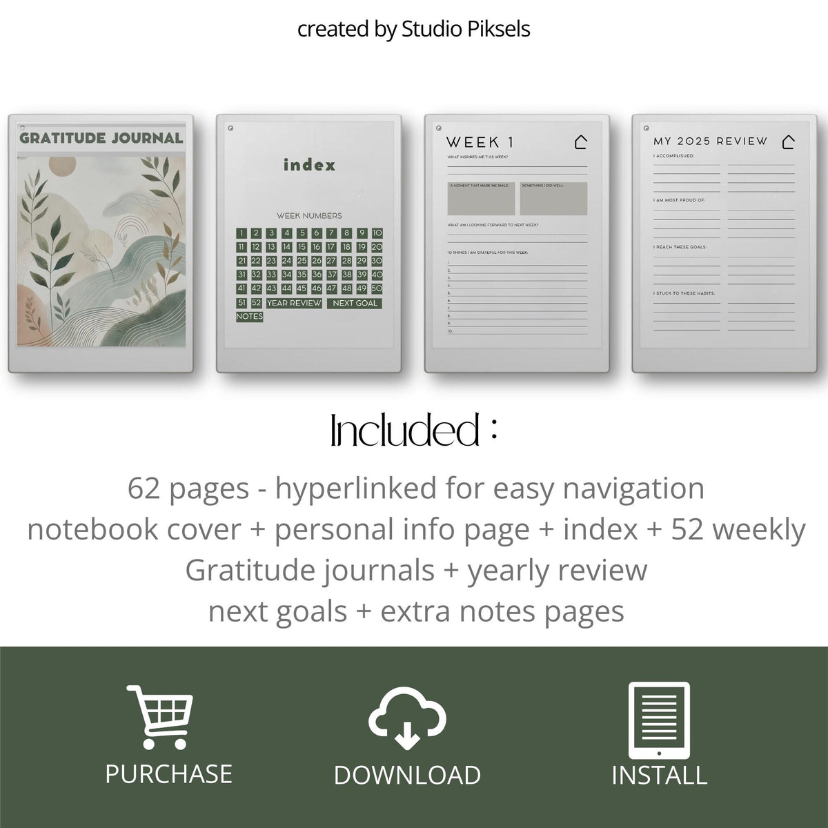 Hyperlinked Gratitude Journal for reMarkable Paper Pro with weekly reflection pages, guided gratitude prompts, goal-setting layouts, and digital mindfulness journaling templates.