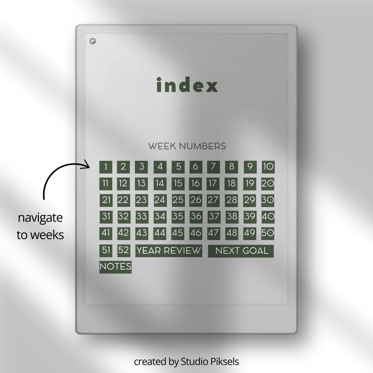 Hyperlinked Gratitude Journal for reMarkable Paper Pro with weekly reflection pages, guided gratitude prompts, goal-setting layouts, and digital mindfulness journaling templates.