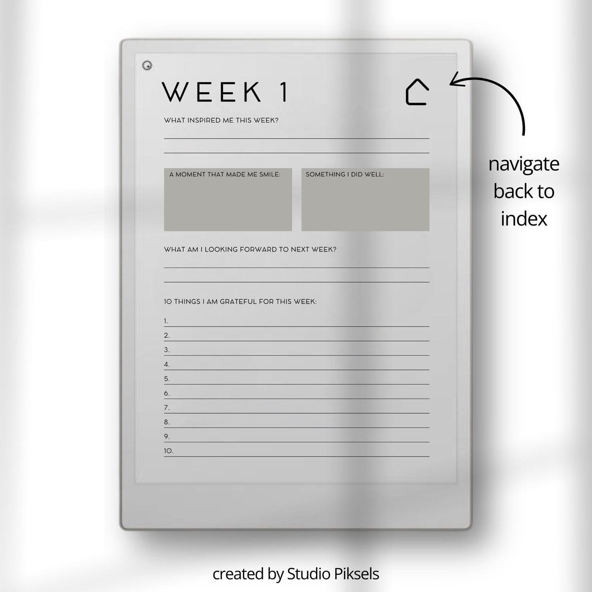 Hyperlinked Gratitude Journal for reMarkable Paper Pro with weekly reflection pages, guided gratitude prompts, goal-setting layouts, and digital mindfulness journaling templates.