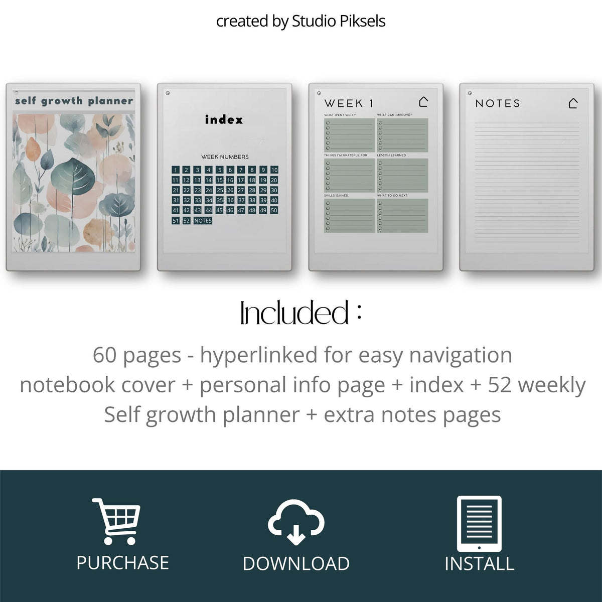 Self Growth Planner for reMarkable Paper Pro featuring a hyperlinked 2025 weekly journal with 52 reflection pages, gratitude prompts, lessons learned, skills gained, next step planning, extra lined notes, subtle color accents, and minimalist personal growth layout.