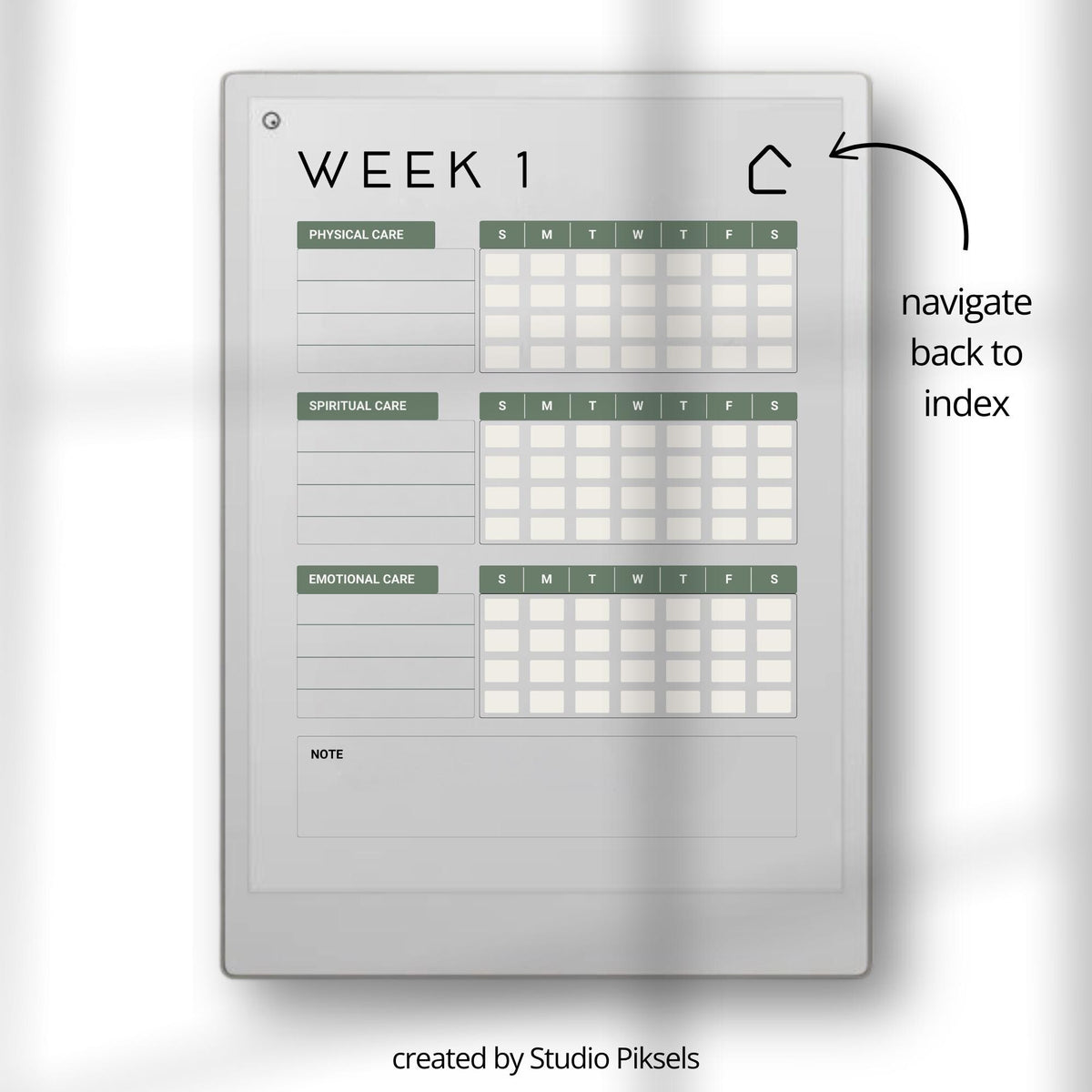 Weekly self care planner for reMarkable Paper Pro featuring hyperlinked wellness tracking pages, guided reflection sections, mindfulness journaling, and reusable digital planning layouts.