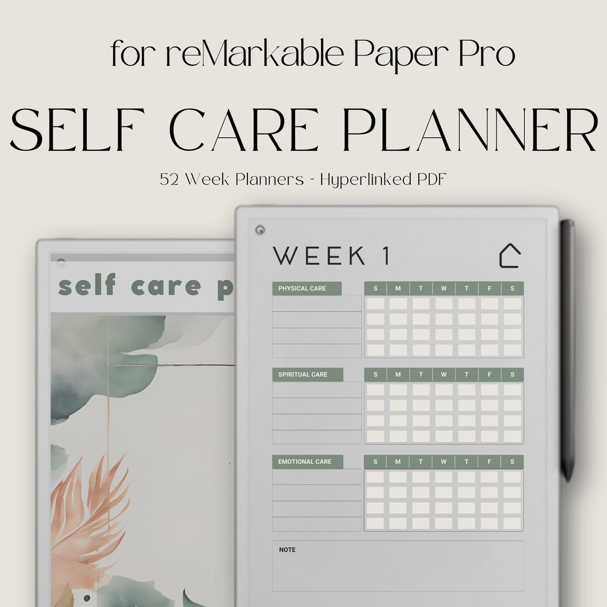 Weekly self care planner for reMarkable Paper Pro featuring hyperlinked wellness tracking pages, guided reflection sections, mindfulness journaling, and reusable digital planning layouts.