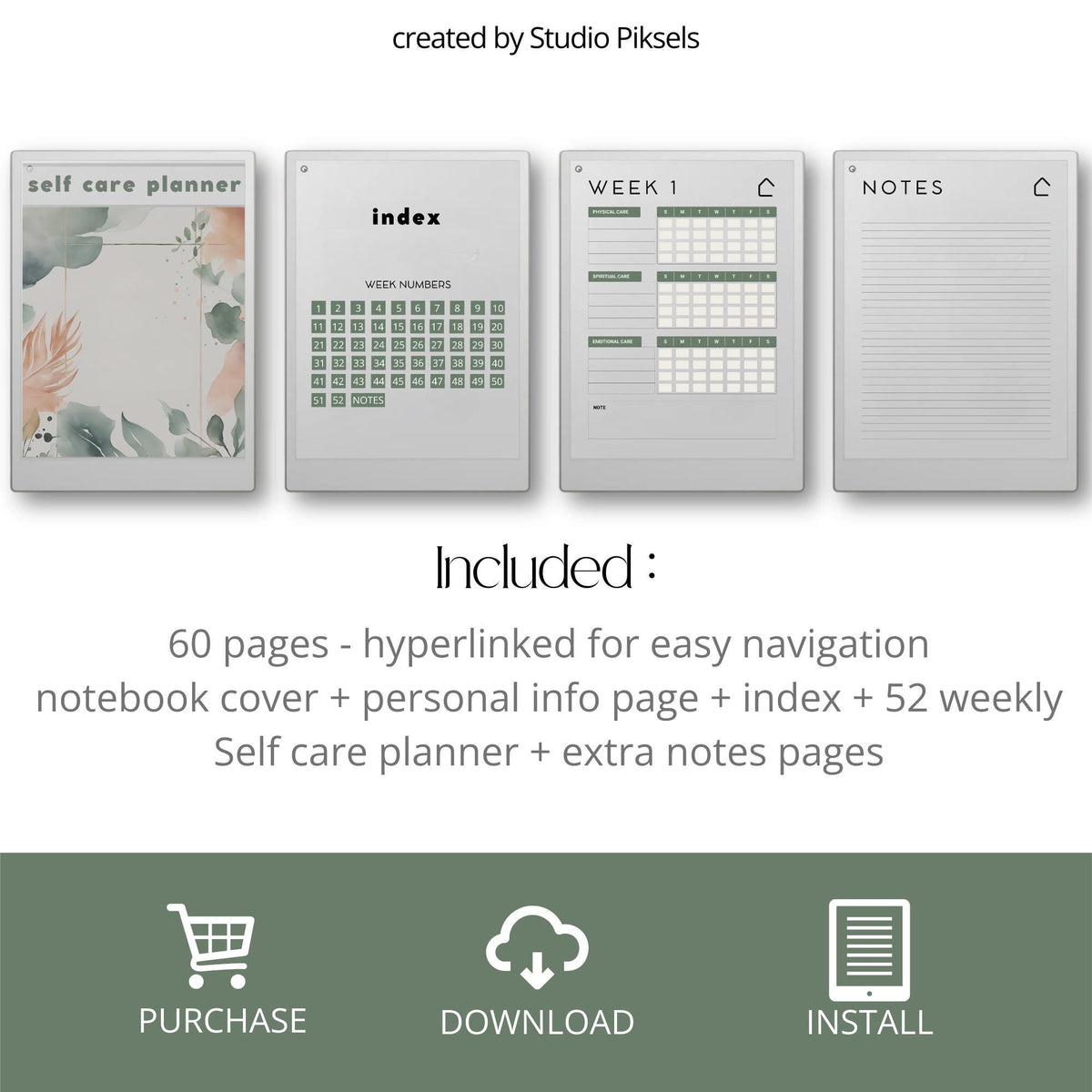 Weekly self care planner for reMarkable Paper Pro featuring hyperlinked wellness tracking pages, guided reflection sections, mindfulness journaling, and reusable digital planning layouts.
