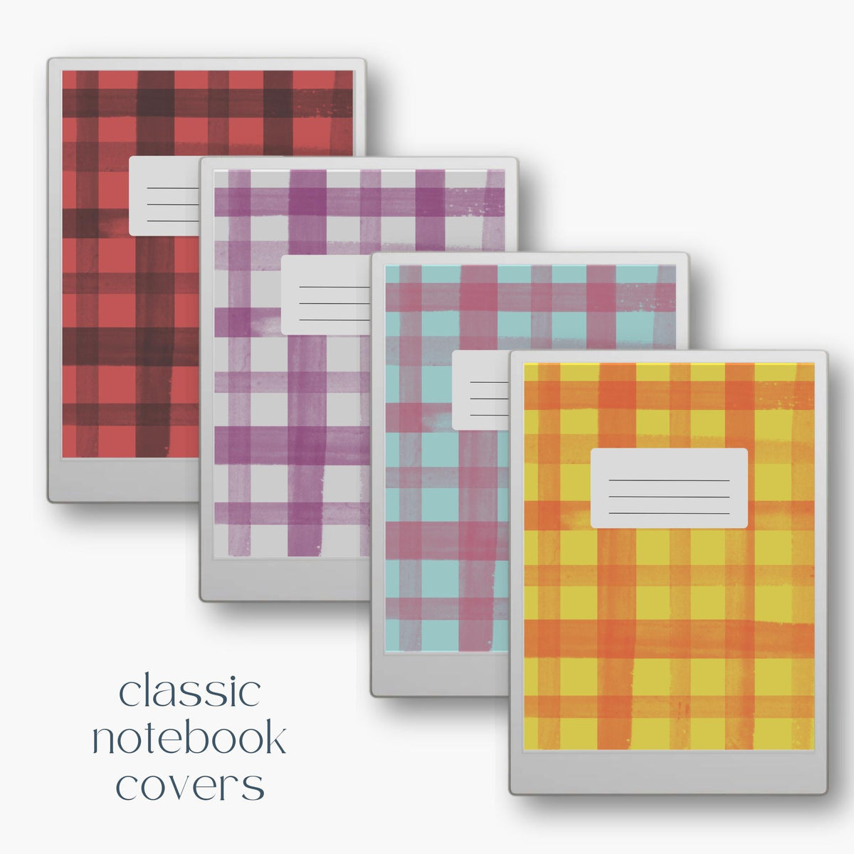 Plaid notebook cover bundle for reMarkable Paper Pro featuring 12 digital notebook cover designs with classic check patterns for organizing journals, planners, notes, and custom digital notebooks.