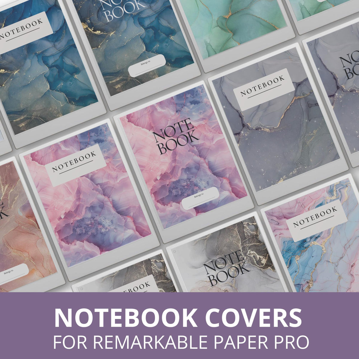 Digital notebooks with this Gemstone Notebook Cover Bundle for reMarkable Paper Pro. Featuring gemstone-inspired textures, marble patterns, and rich color palettes, these notebook covers help personalize your workspace while keeping notebooks easy to organize.