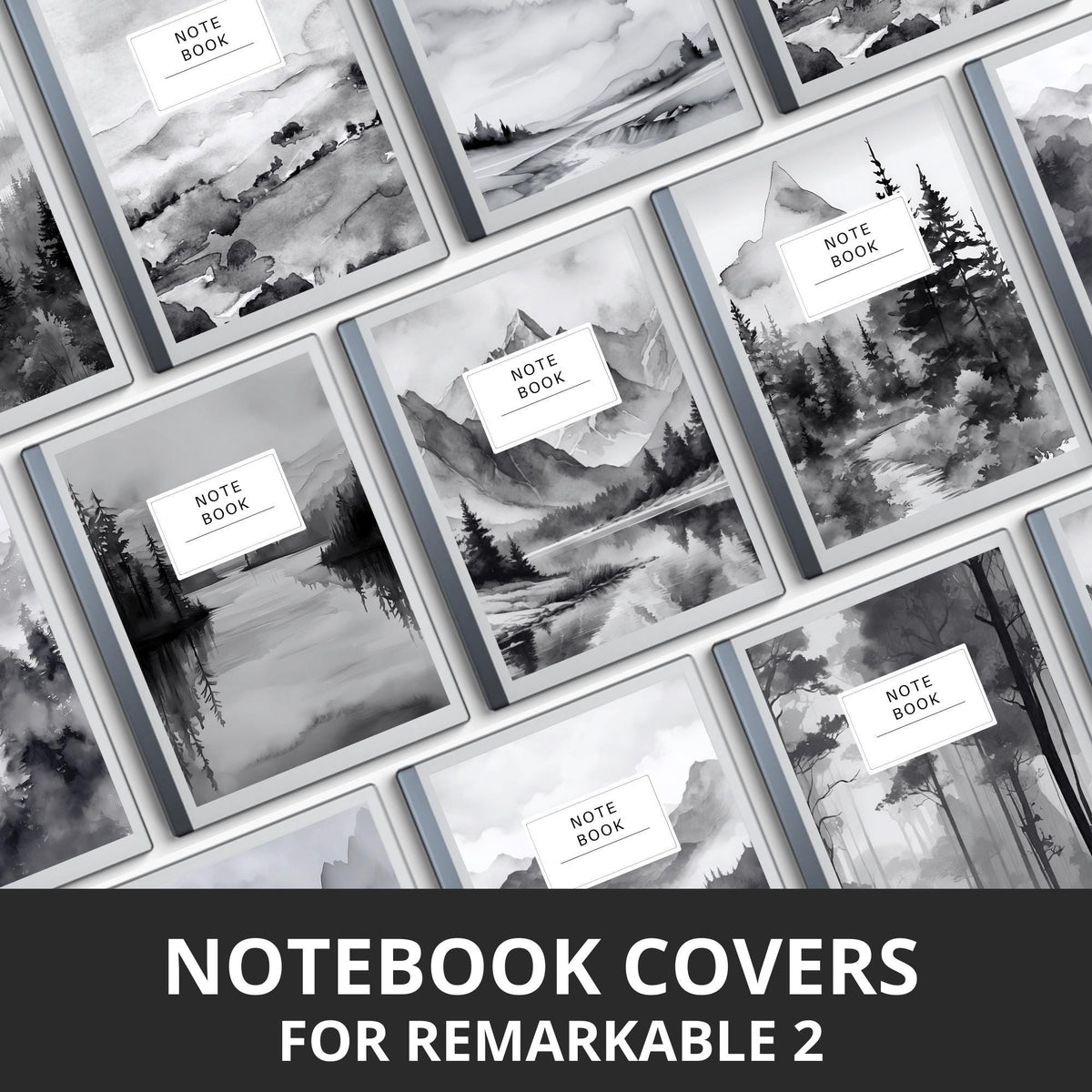 Monochrome landscape notebook covers for reMarkable 2 and reMarkable Paper Pure with black-and-white nature PDF designs