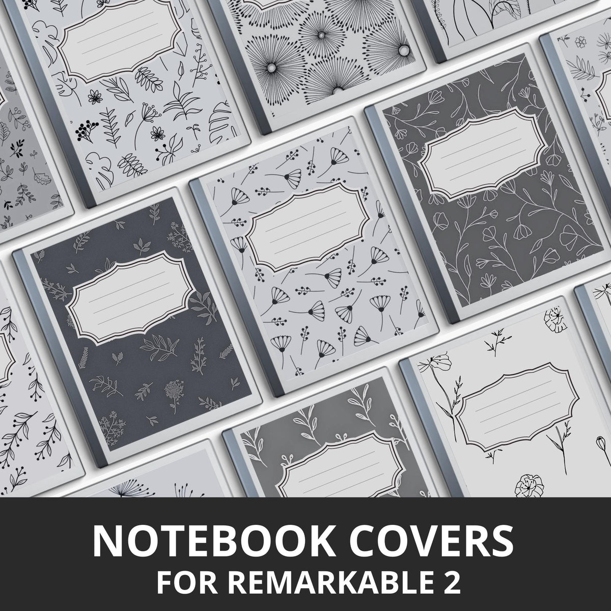 Floral Notebook Cover Bundle for reMarkable featuring 12 monochrome botanical PDF covers for planners, journals, sketchbooks, and digital notebooks.