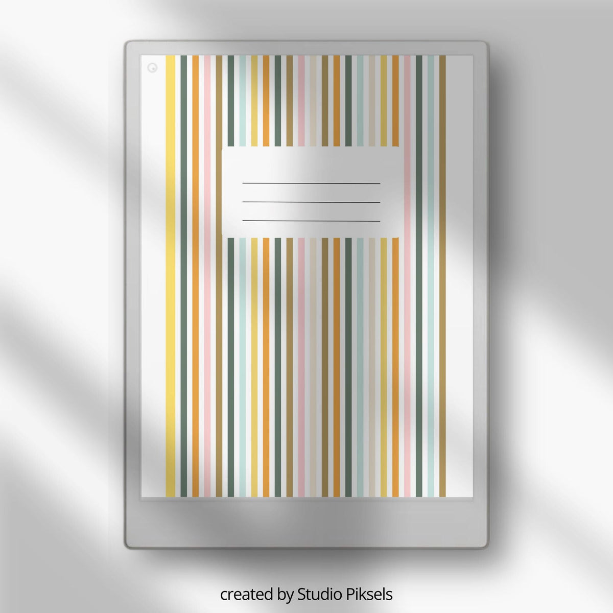 Striped notebook cover bundle for the reMarkable Paper Pro featuring 12 minimalist vertical and horizontal digital covers, geometric line patterns, and file organization layouts.