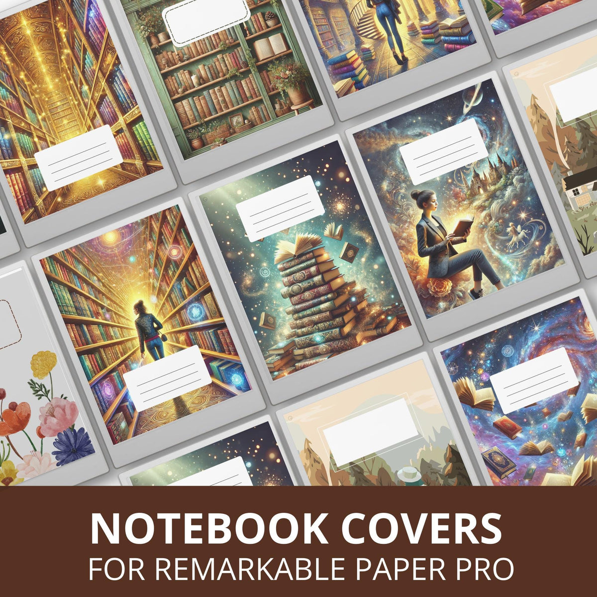Fantasy Notebook Cover Bundle designed for reMarkable Paper Pro. This collection includes imaginative notebook covers featuring magical libraries, celestial landscapes, dreamy bookscapes, and whimsical nature-inspired artwork that bring creativity and personality to your digital workspace.