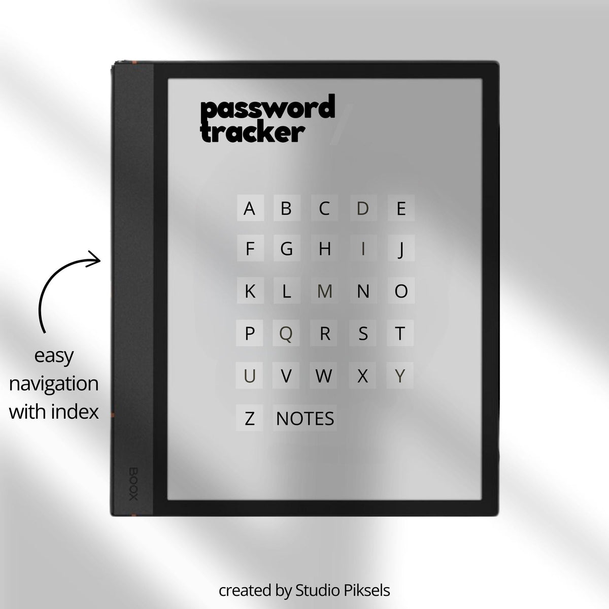 Hyperlinked Password Tracker Notebook for BOOX Note with linked password tracking pages and minimalist digital organization layouts.