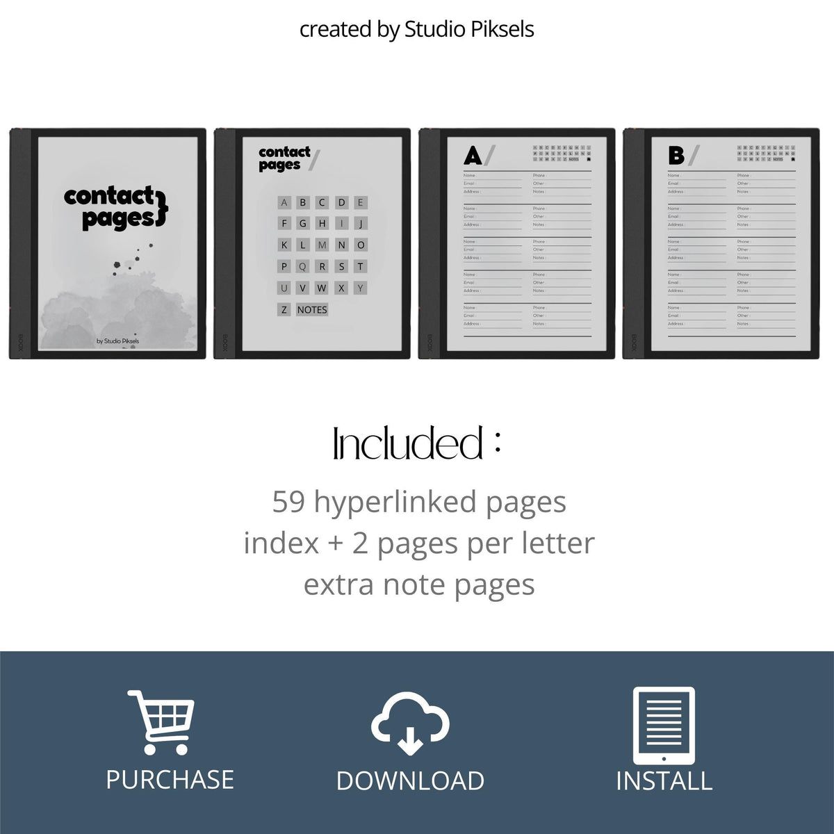 Hyperlinked Address Book for BOOX Note with alphabetical contact sections, linked navigation, and minimalist digital organizer pages.