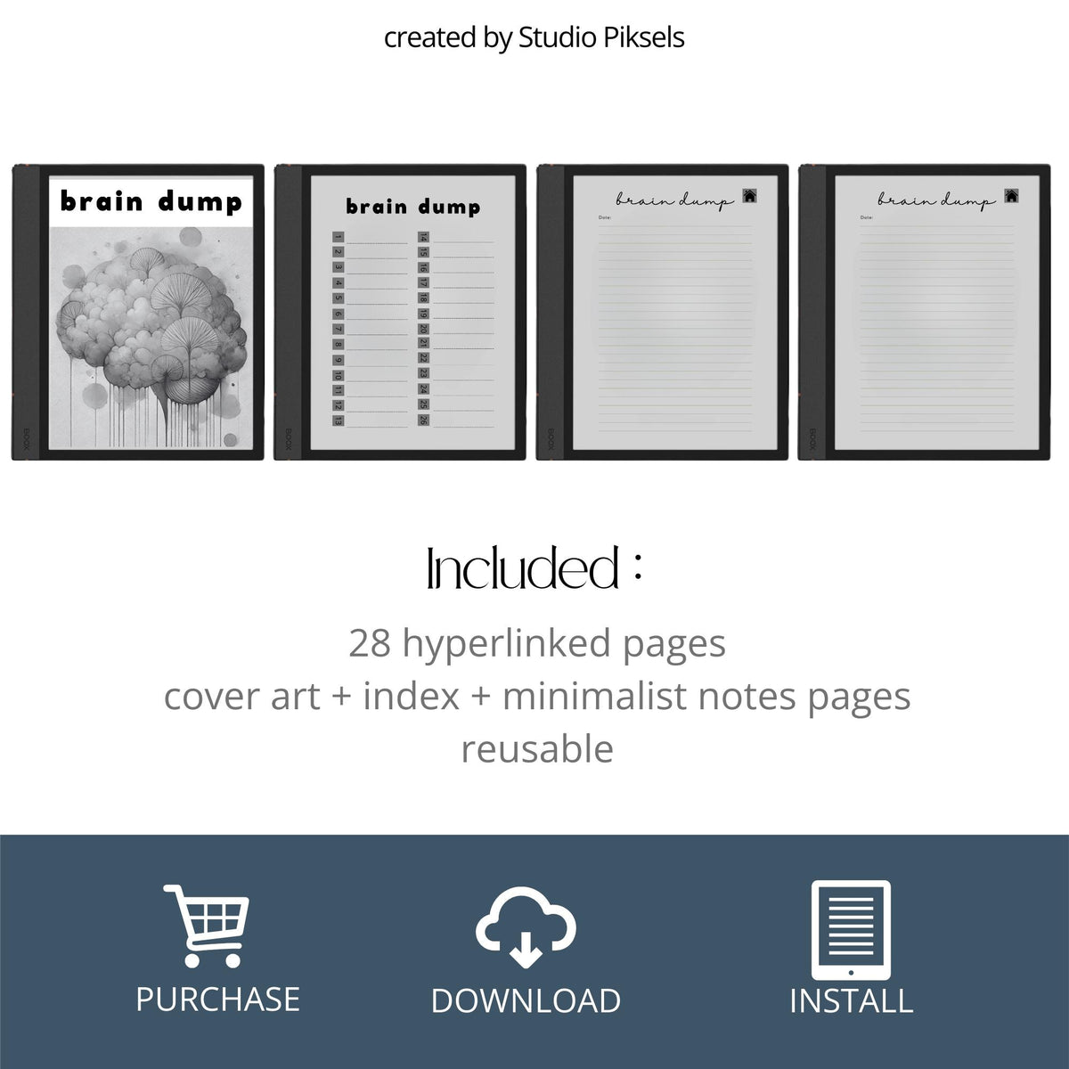 Brain Dump Notebook for BOOX Note with hyperlinked lined pages for brainstorming, planning, journaling, and digital note-taking.