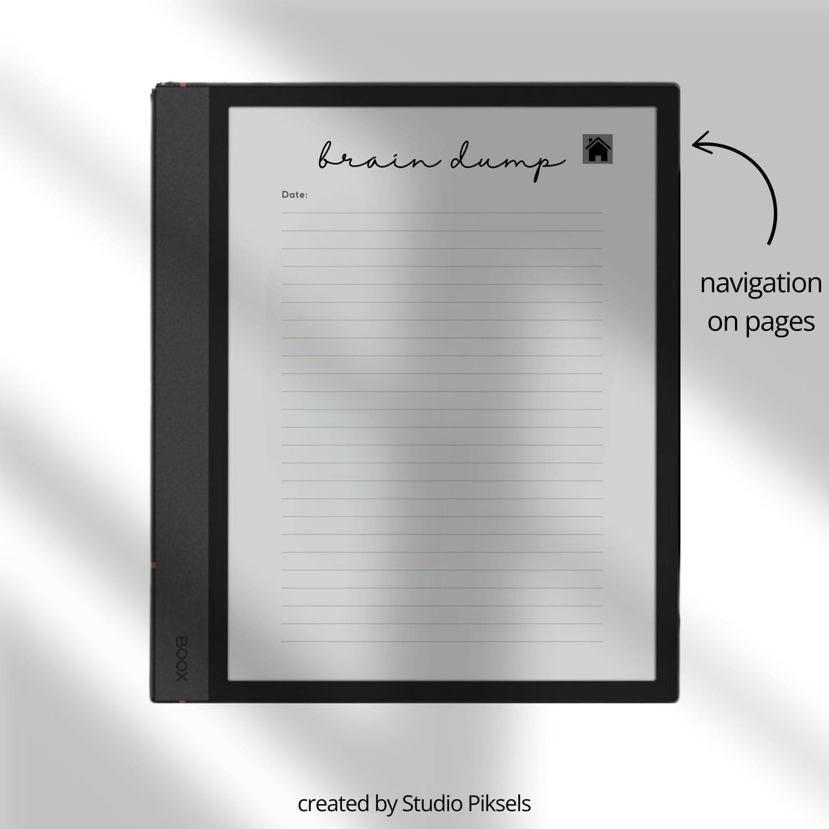 Brain Dump Notebook for BOOX Note with hyperlinked lined pages for brainstorming, planning, journaling, and digital note-taking.
