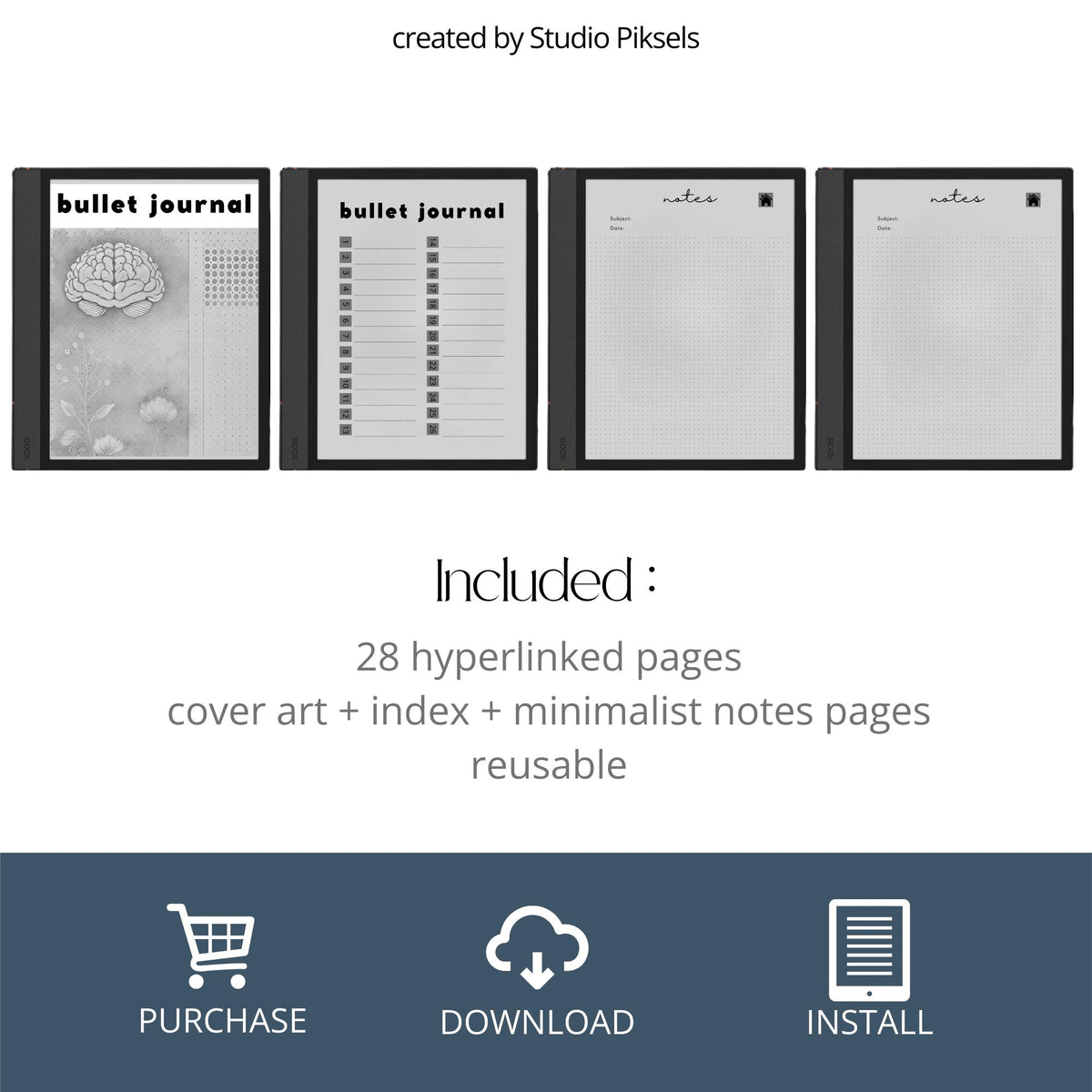 BOOX Bullet Journal with hyperlinked dotted grid pages, minimalist grayscale layouts, and reusable digital notebook design.