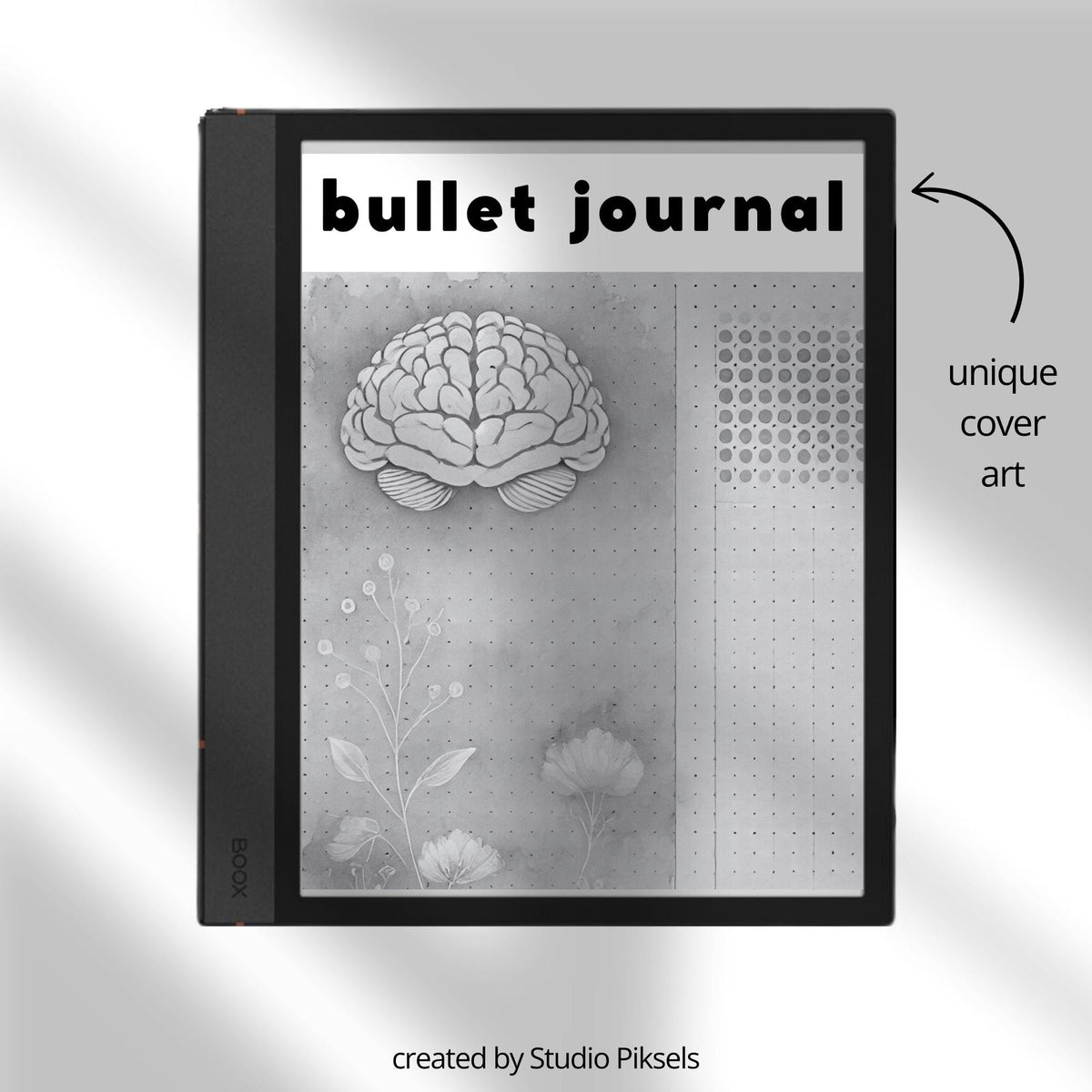 BOOX Bullet Journal with hyperlinked dotted grid pages, minimalist grayscale layouts, and reusable digital notebook design.