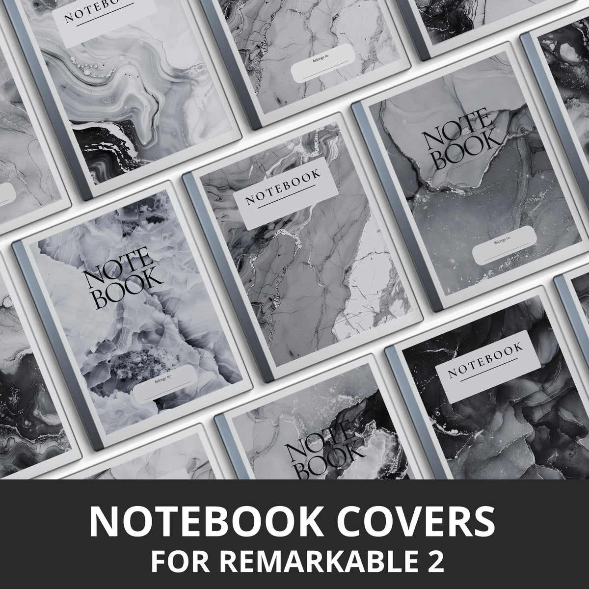 Monochrome marble notebook covers for reMarkable 2 and reMarkable Paper Pure with elegant grayscale PDF designs.
