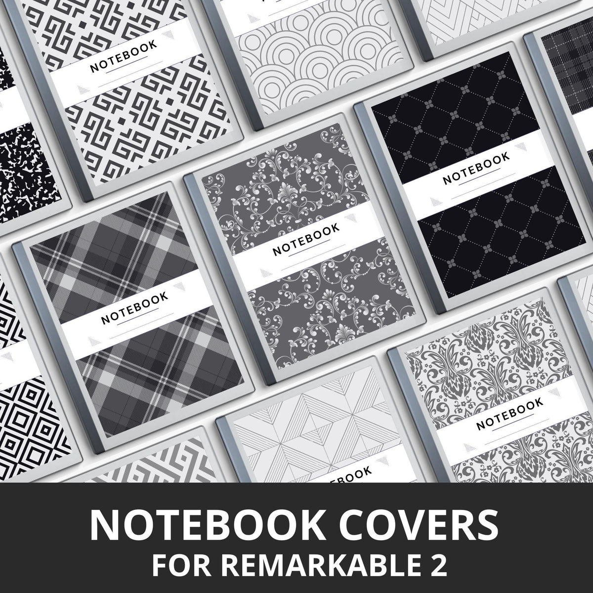 Classic pattern notebook covers for reMarkable 2 and reMarkable Paper Pure with elegant black-and-white PDF artwork