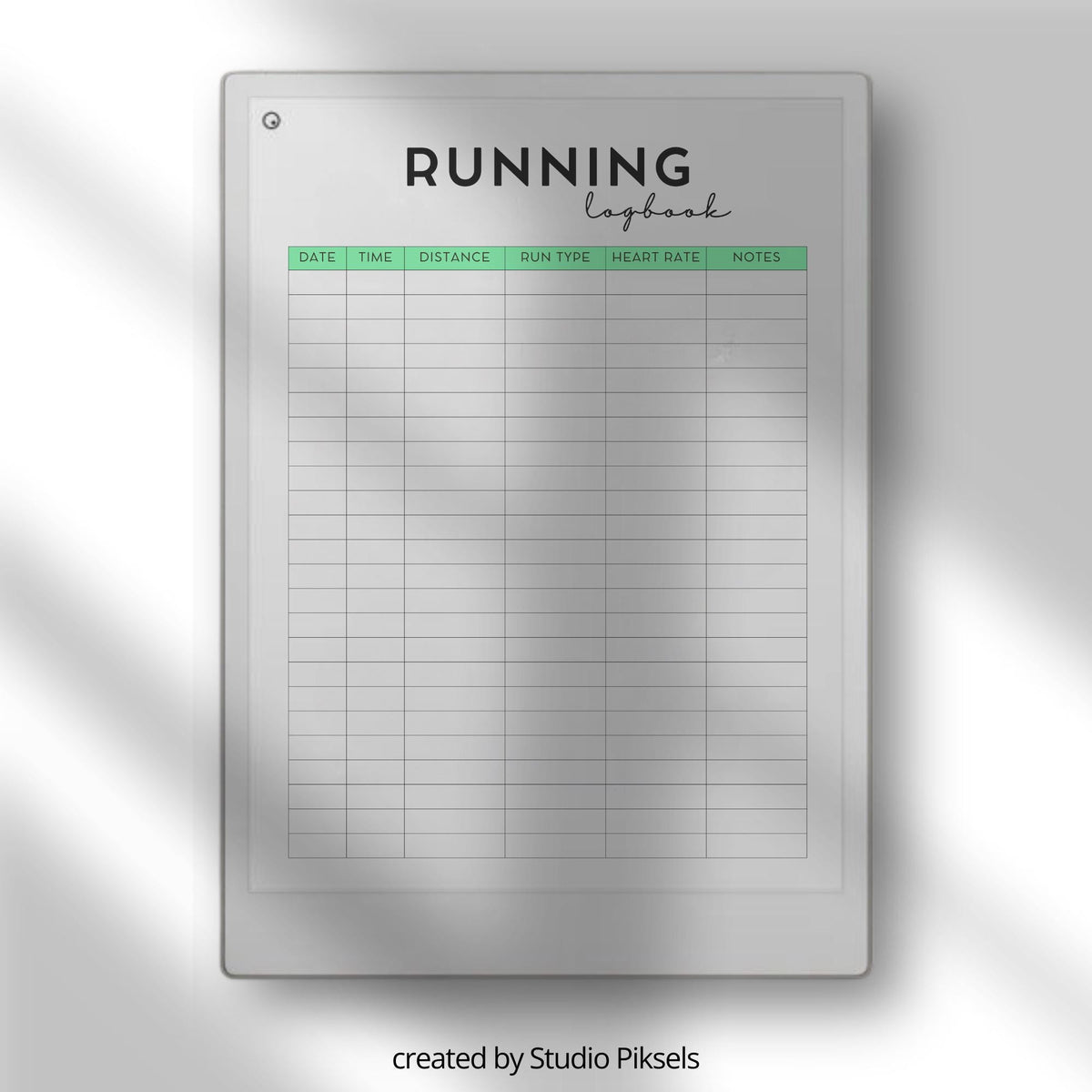 Running Planner for reMarkable tablets with yearly running trackers, mileage tracking pages, running log layouts, fitness goal planners, and digital training journals.
