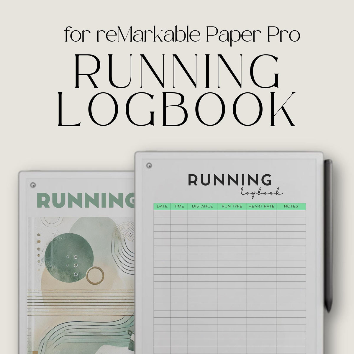 Running Planner for reMarkable tablets with yearly running trackers, mileage tracking pages, running log layouts, fitness goal planners, and digital training journals.