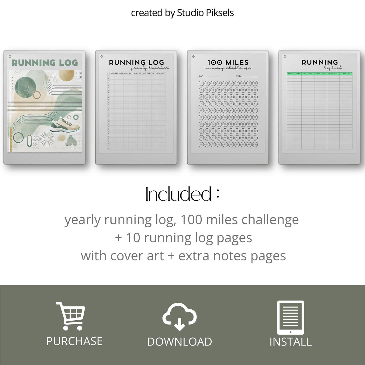 Running Planner for reMarkable tablets with yearly running trackers, mileage tracking pages, running log layouts, fitness goal planners, and digital training journals.