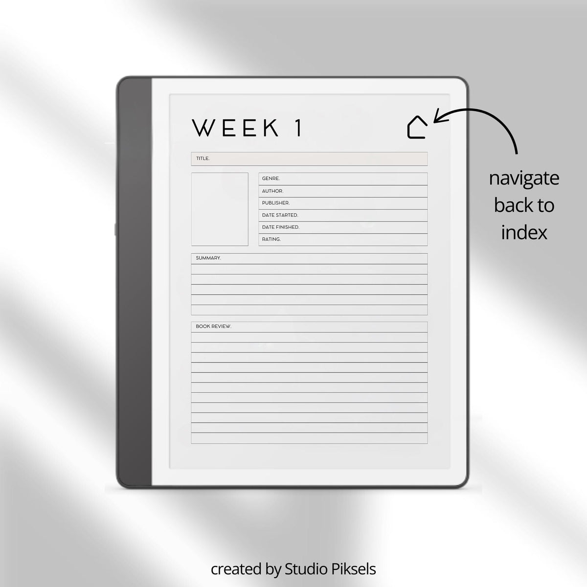 Weekly Reading Planner PDF for Kindle Scribe with hyperlinked book tracking and reading reflection pages.