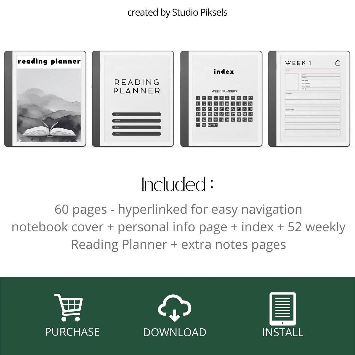 Weekly Reading Planner PDF for Kindle Scribe with hyperlinked book tracking and reading reflection pages.