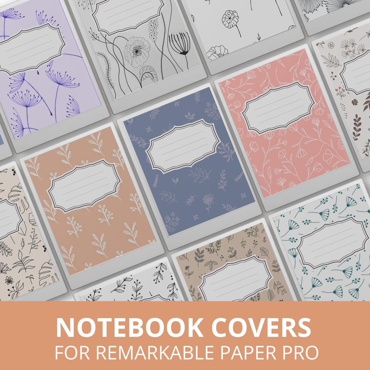 Organize your digital notebooks with this Minimalist Botanical Notebook Cover Bundle designed for reMarkable Paper Pro and other reMarkable devices. This collection includes 12 soft botanical notebook covers featuring delicate floral patterns, neutral tones, and elegant layouts for a clean and calming digital workspace.