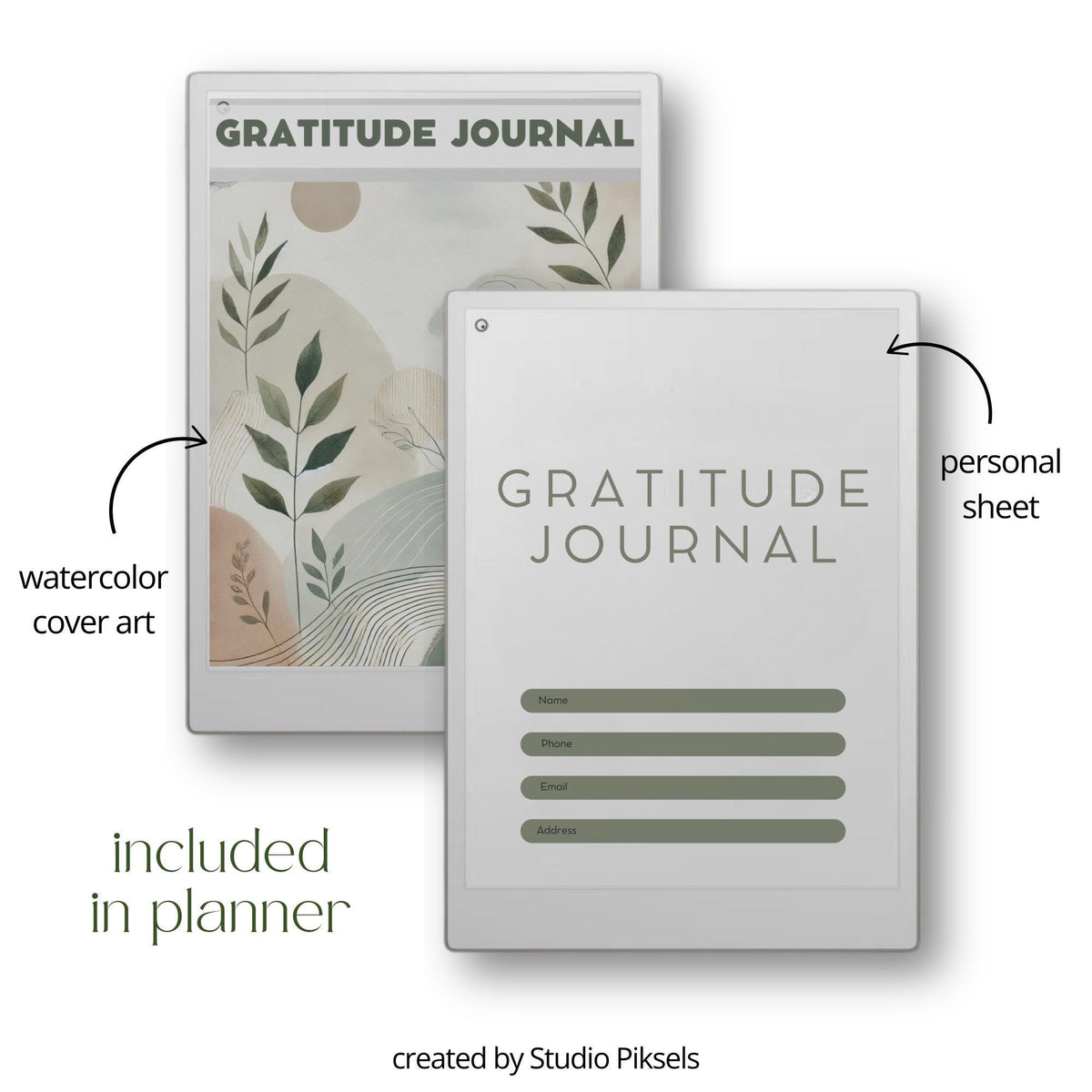 Hyperlinked Gratitude Journal for reMarkable Paper Pro with weekly reflection pages, guided gratitude prompts, goal-setting layouts, and digital mindfulness journaling templates.