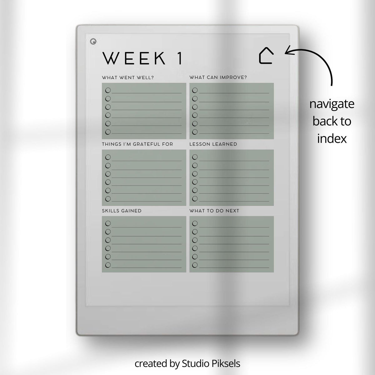 Self Growth Planner for reMarkable Paper Pro featuring a hyperlinked 2025 weekly journal with 52 reflection pages, gratitude prompts, lessons learned, skills gained, next step planning, extra lined notes, subtle color accents, and minimalist personal growth layout.