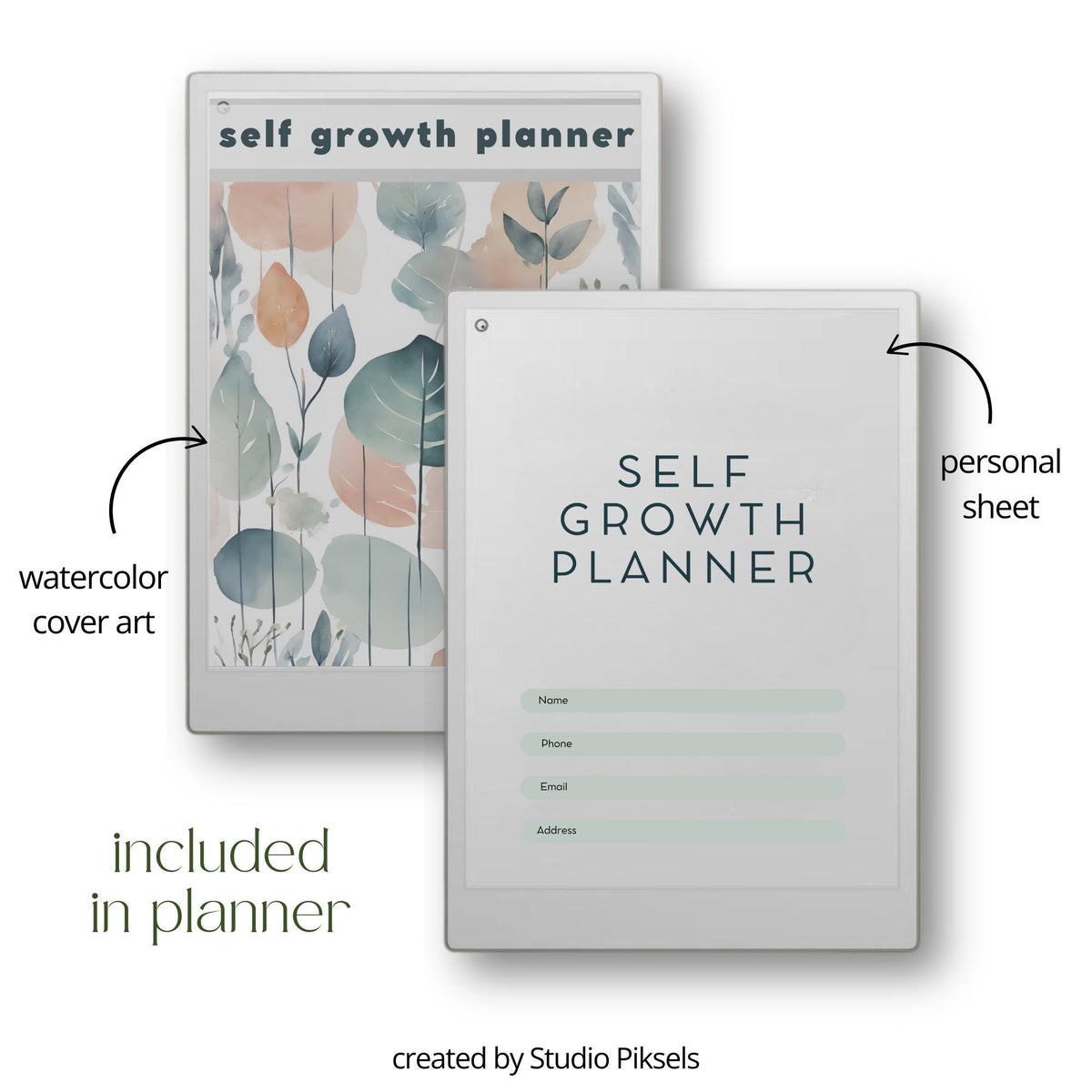 Self Growth Planner for reMarkable Paper Pro featuring a hyperlinked 2025 weekly journal with 52 reflection pages, gratitude prompts, lessons learned, skills gained, next step planning, extra lined notes, subtle color accents, and minimalist personal growth layout.