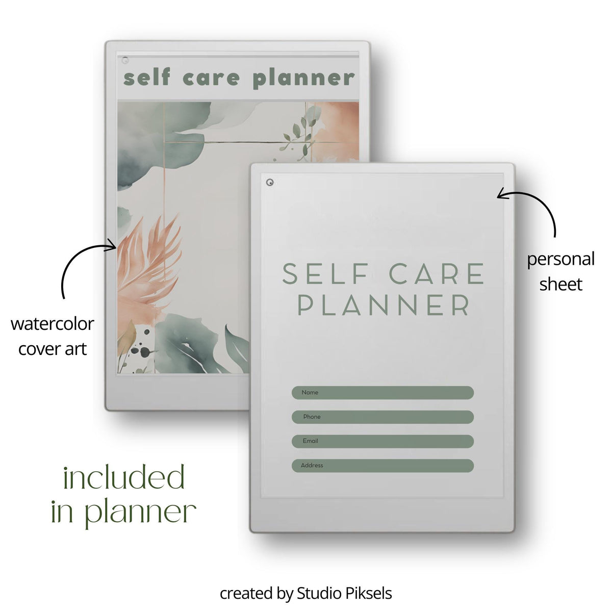 Weekly self care planner for reMarkable Paper Pro featuring hyperlinked wellness tracking pages, guided reflection sections, mindfulness journaling, and reusable digital planning layouts.