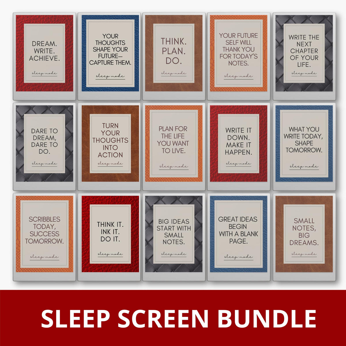 Motivational sleep screen bundle for the reMarkable Paper Pro featuring 15 digital PNG background designs with minimalist typography and notebook textures.
