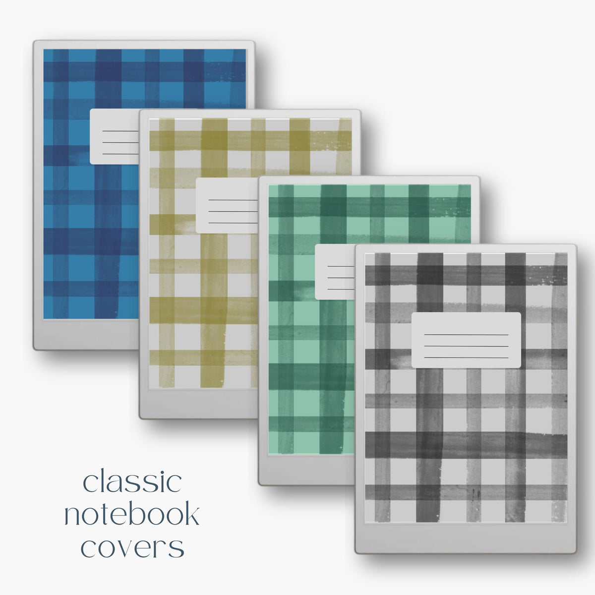 Plaid notebook cover bundle for reMarkable Paper Pro featuring 12 digital notebook cover designs with classic check patterns for organizing journals, planners, notes, and custom digital notebooks.