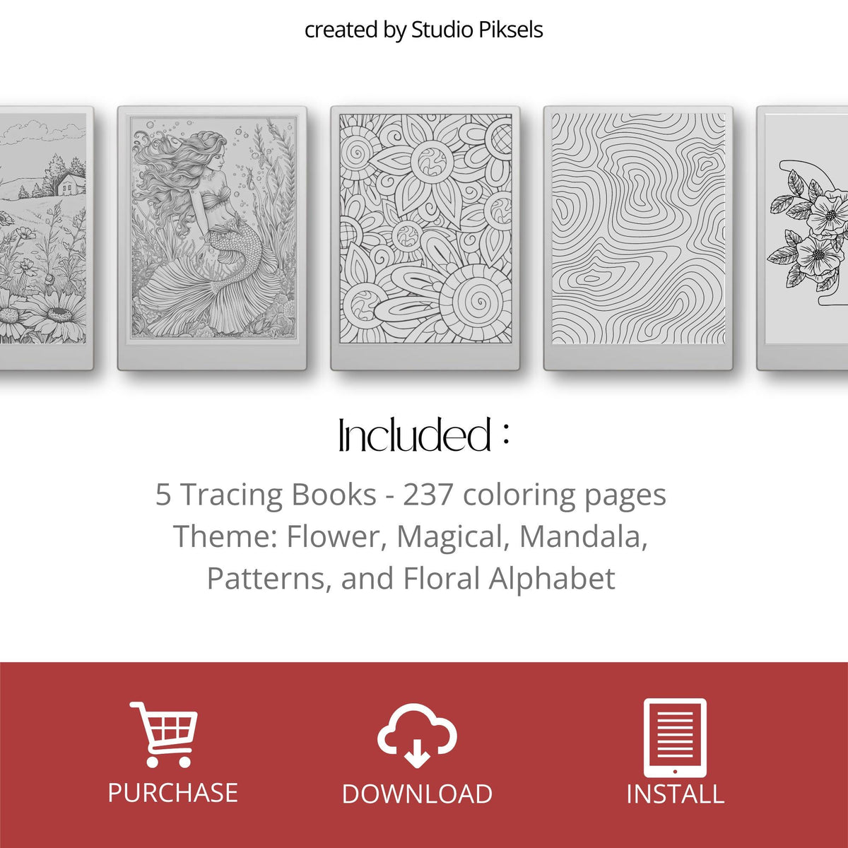 Floral, Mandala, Magical & Abstract Tracing Book Bundle for reMarkable Paper Pro featuring 237 tracing pages with floral alphabet, mandala, magical, flower, and abstract pattern tracing designs for mindful digital drawing and creative practice.