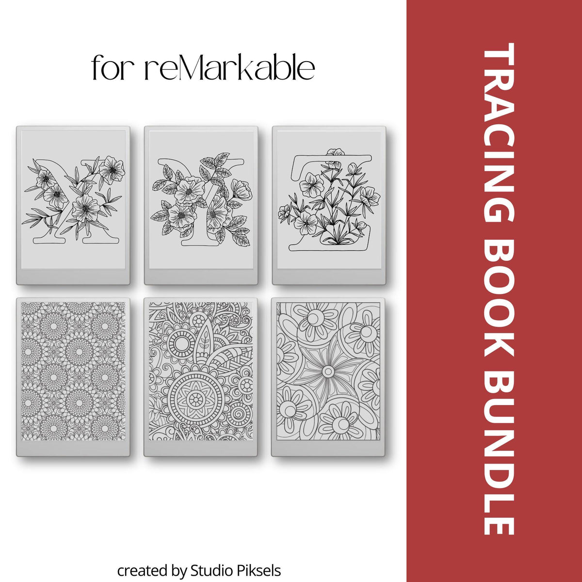 Floral, Mandala, Magical & Abstract Tracing Book Bundle for reMarkable Paper Pro featuring 237 tracing pages with floral alphabet, mandala, magical, flower, and abstract pattern tracing designs for mindful digital drawing and creative practice.