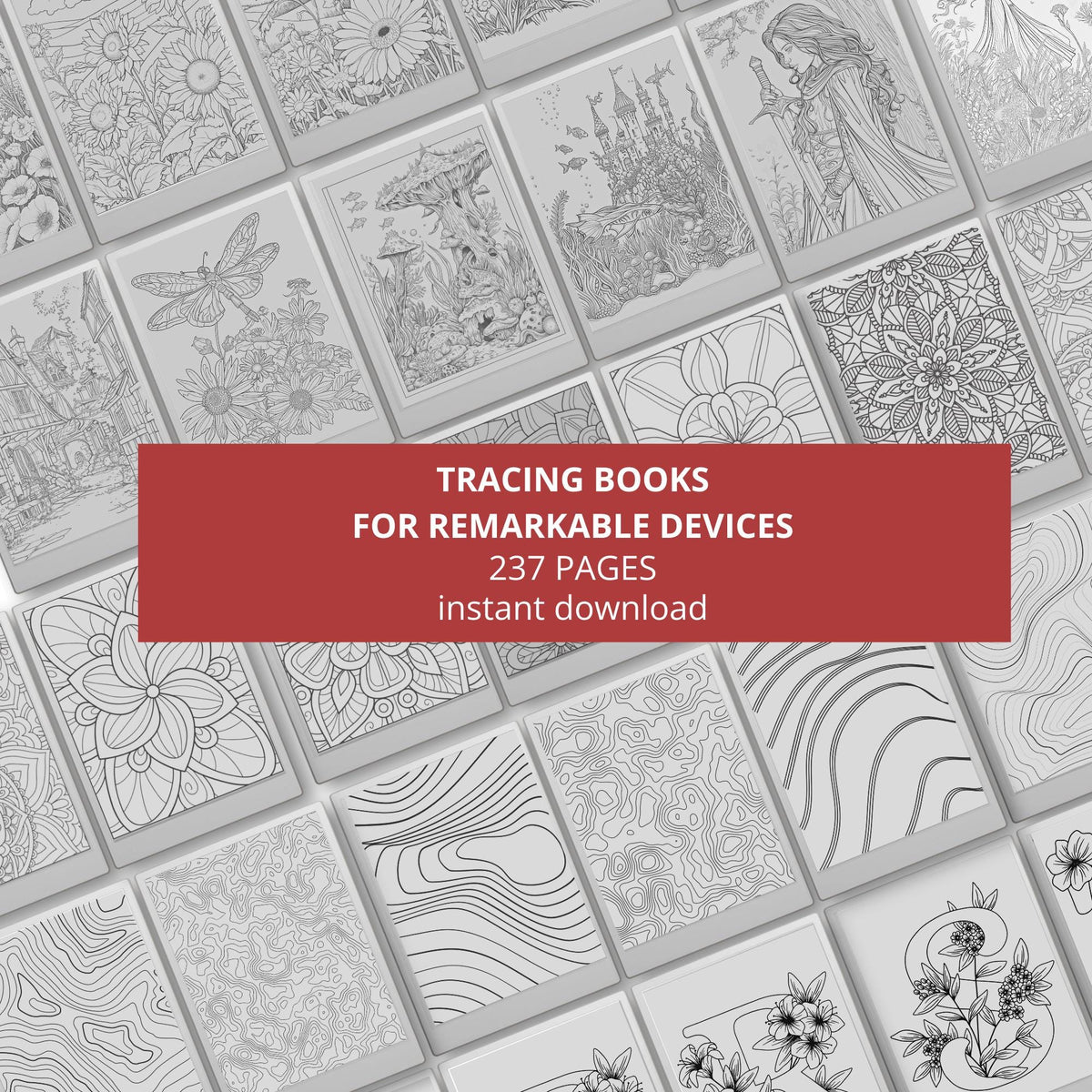 Floral, Mandala, Magical & Abstract Tracing Book Bundle for reMarkable Paper Pro featuring 237 tracing pages with floral alphabet, mandala, magical, flower, and abstract pattern tracing designs for mindful digital drawing and creative practice.