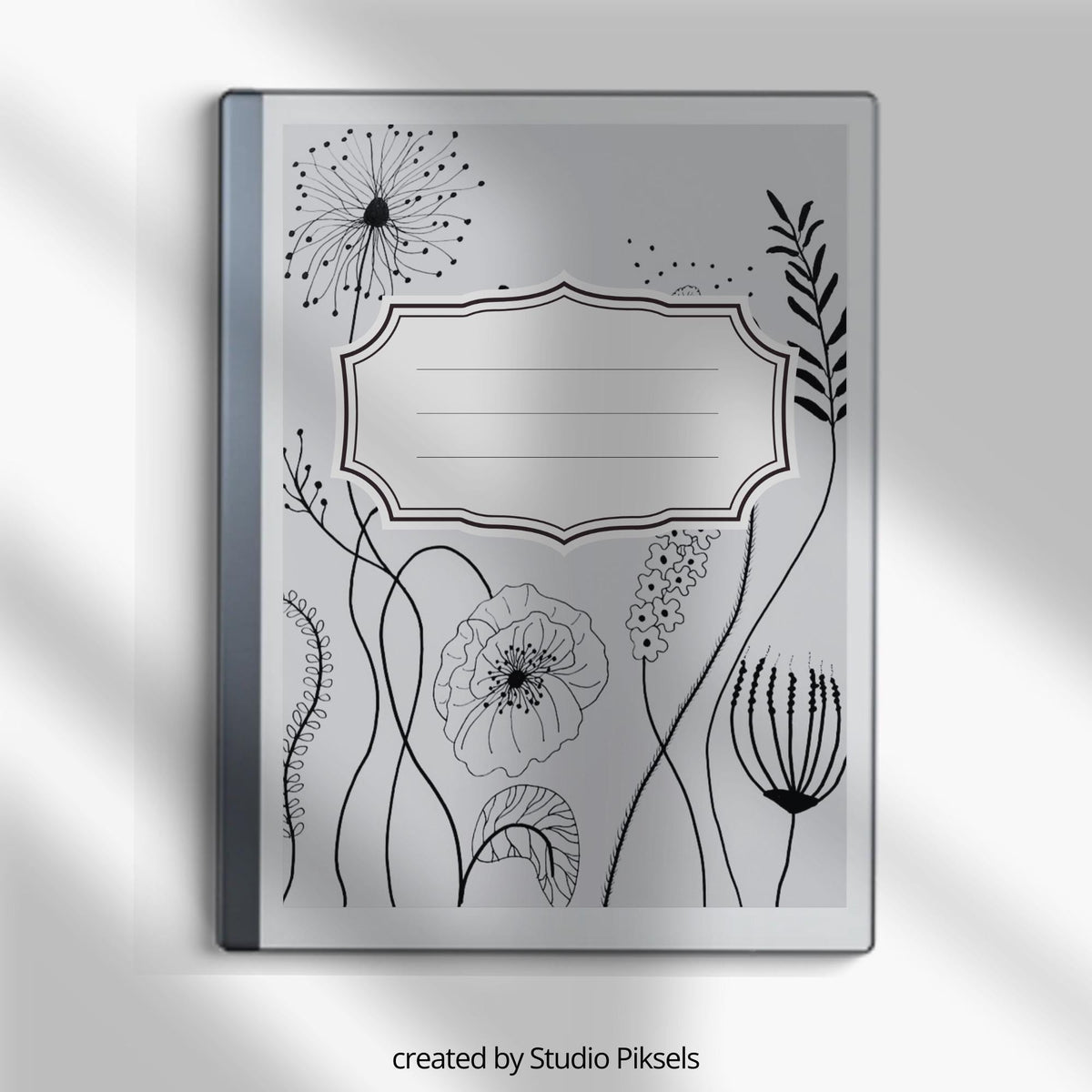 Floral Notebook Cover Bundle for reMarkable featuring 12 monochrome botanical PDF covers for planners, journals, sketchbooks, and digital notebooks.