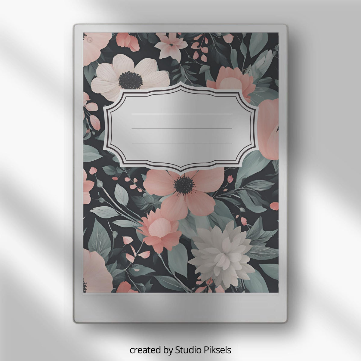 Floral notebook cover bundle for the reMarkable Paper Pro featuring 12 colorful botanical digital covers, flower patterns, and file organization layouts.