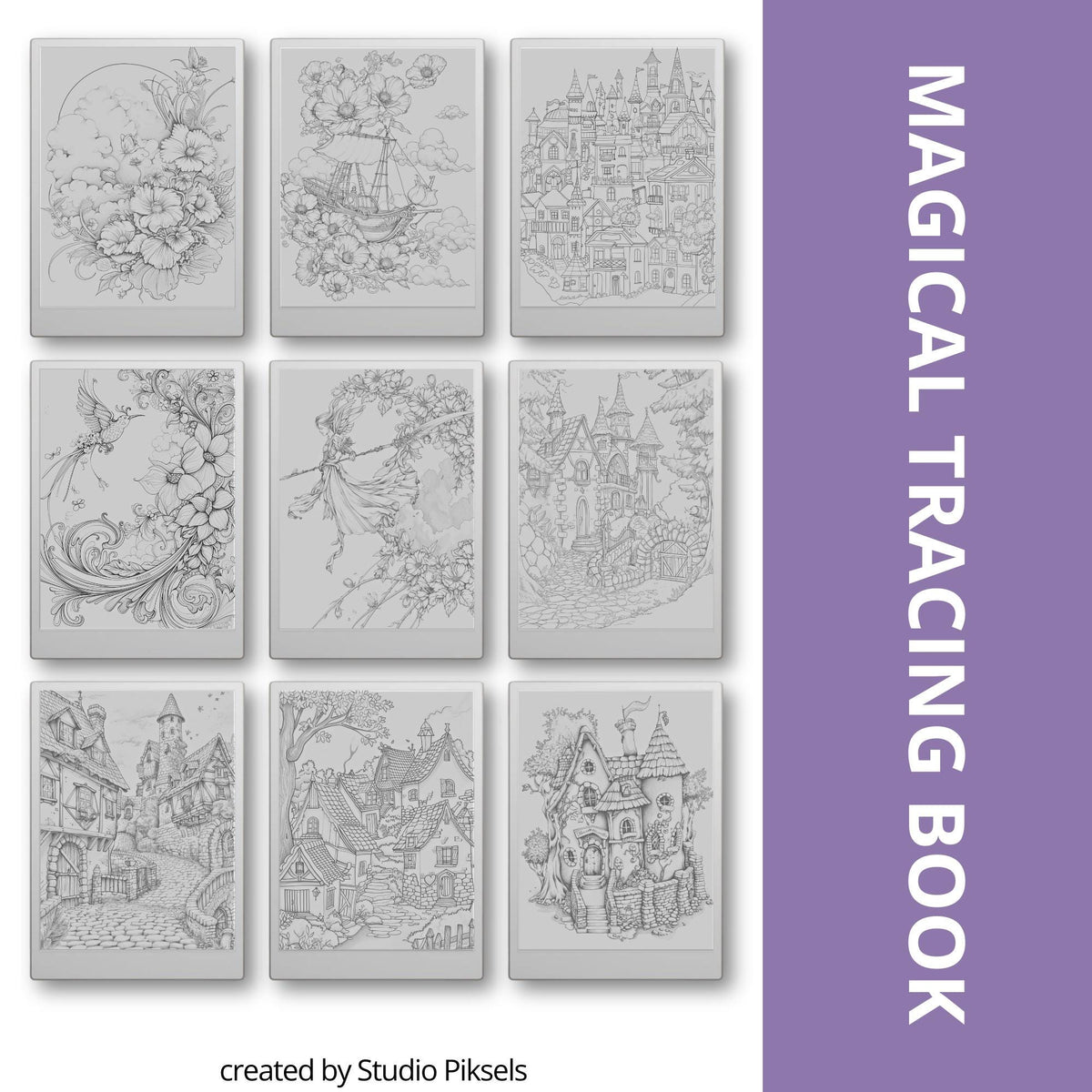 Magical Tracing Book for reMarkable Paper Pro featuring 80 fantasy inspired tracing pages with castles, enchanted landscapes, whimsical scenes, and soft grey line art for mindful digital tracing and creative drawing practice.
