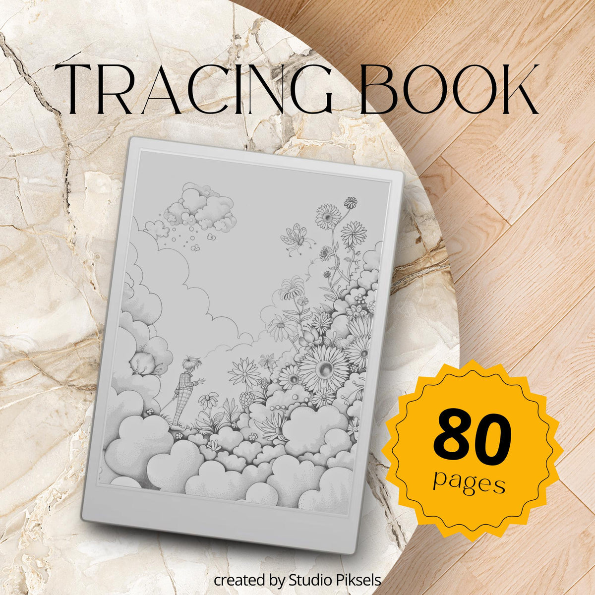 Magical Tracing Book for reMarkable Paper Pro featuring 80 fantasy inspired tracing pages with castles, enchanted landscapes, whimsical scenes, and soft grey line art for mindful digital tracing and creative drawing practice.
