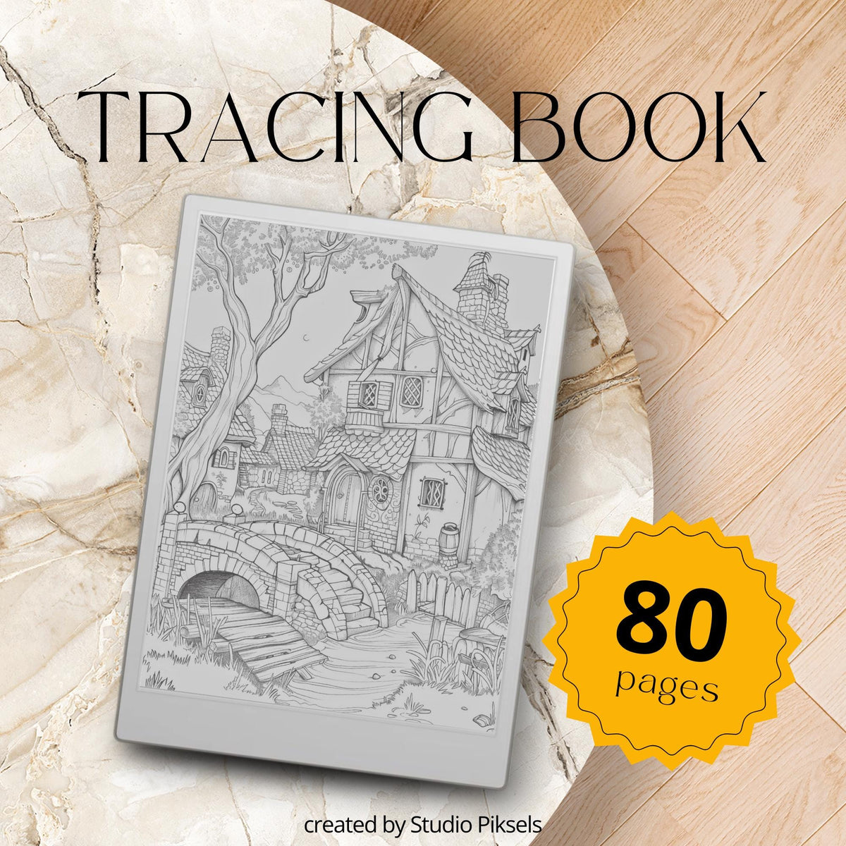 Magical Tracing Book for reMarkable Paper Pro featuring 80 fantasy inspired tracing pages with castles, enchanted landscapes, whimsical scenes, and soft grey line art for mindful digital tracing and creative drawing practice.
