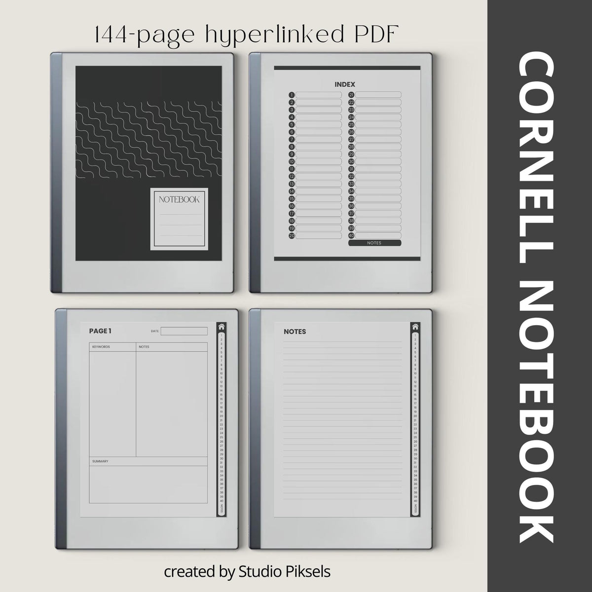 Cornell Notebook Bundle for reMarkable featuring hyperlinked digital notebooks with Cornell note-taking templates, lined notes pages, and organized navigation tabs.