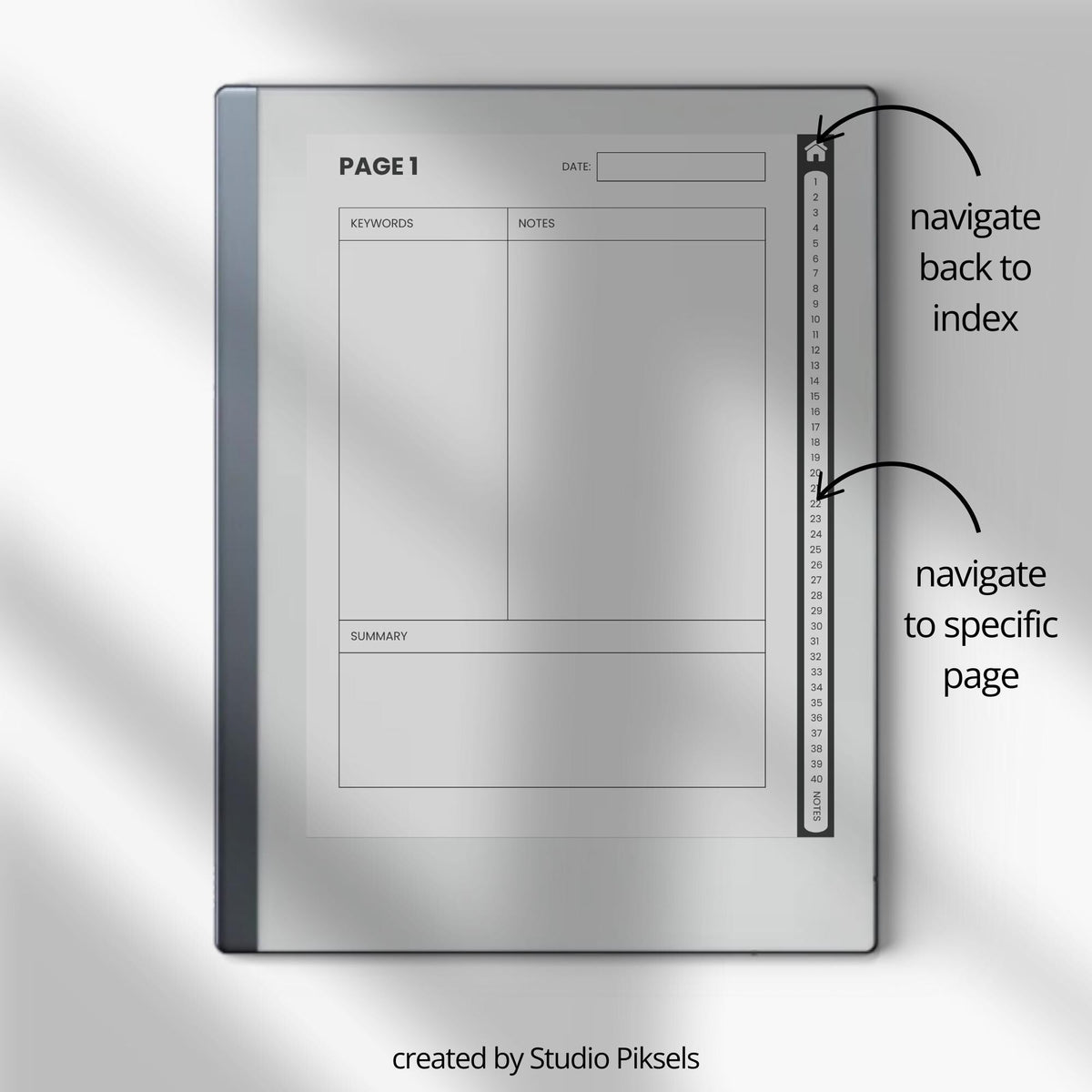 Cornell Notebook Bundle for reMarkable featuring hyperlinked digital notebooks with Cornell note-taking templates, lined notes pages, and organized navigation tabs.