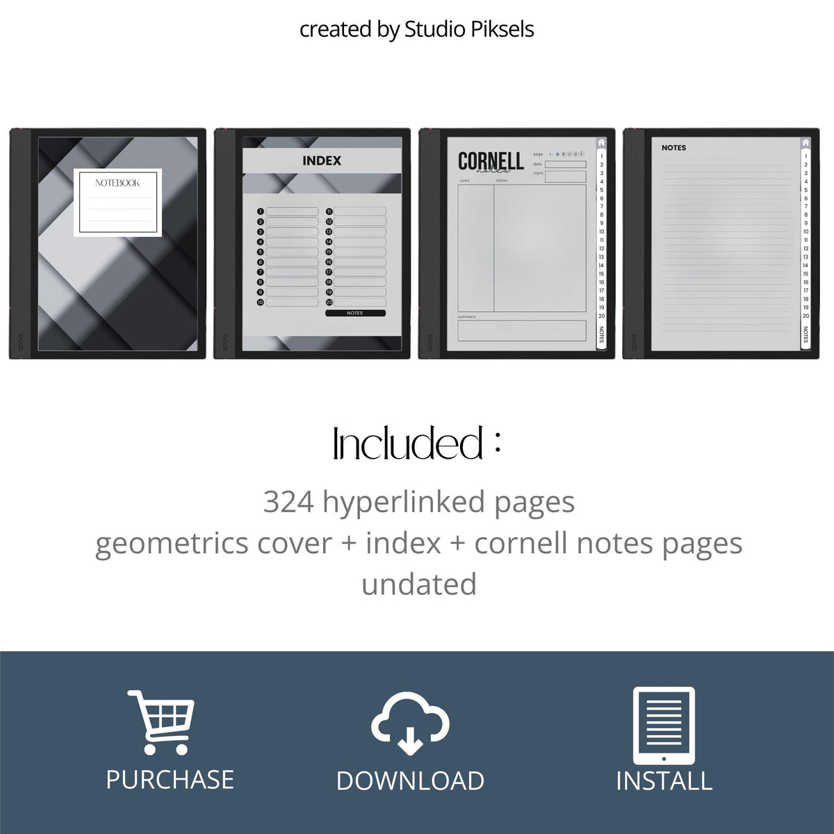 Cornell Notebook Bundle for BOOX with hyperlinked Cornell note pages, grayscale layouts, and digital study notebooks.