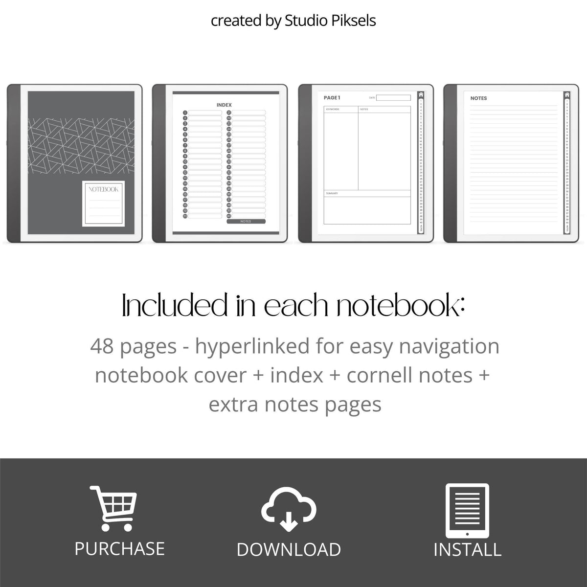 Cornell Notebook Bundle for Kindle Scribe with hyperlinked study notebooks, Cornell note-taking pages, and minimalist digital layouts.