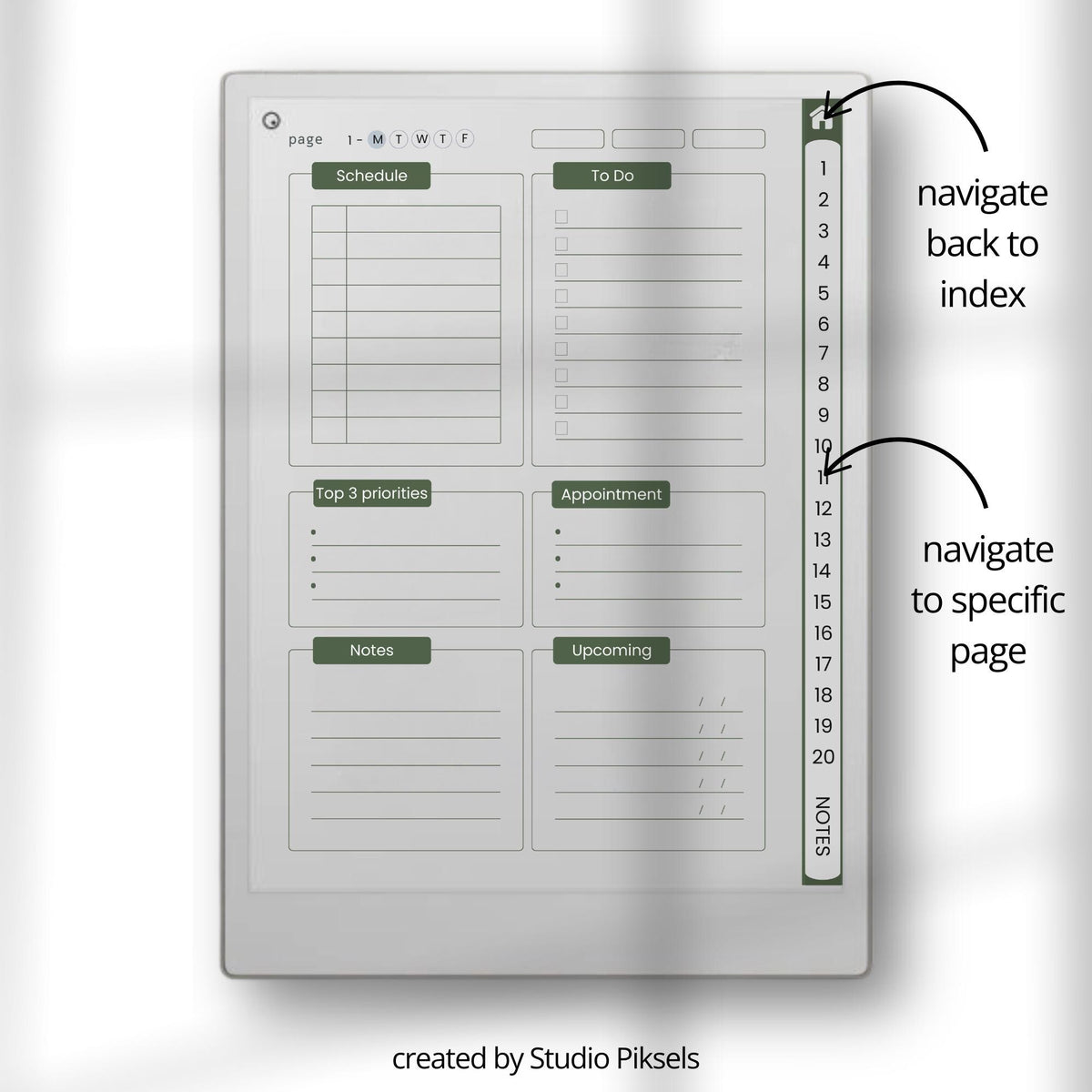 Hyperlinked Work Planner Bundle for reMarkable Paper Pro with daily task planning pages, productivity layouts, interactive navigation links, and minimalist digital business planner notebooks.