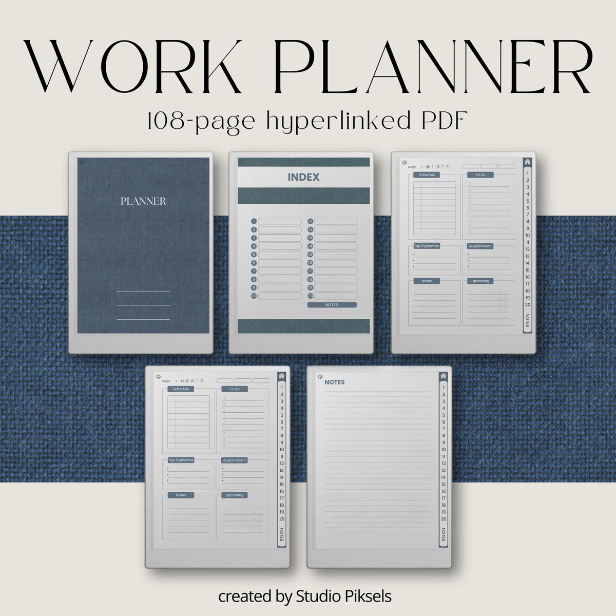 Hyperlinked Work Planner Bundle for reMarkable Paper Pro with daily task planning pages, productivity layouts, interactive navigation links, and minimalist digital business planner notebooks.