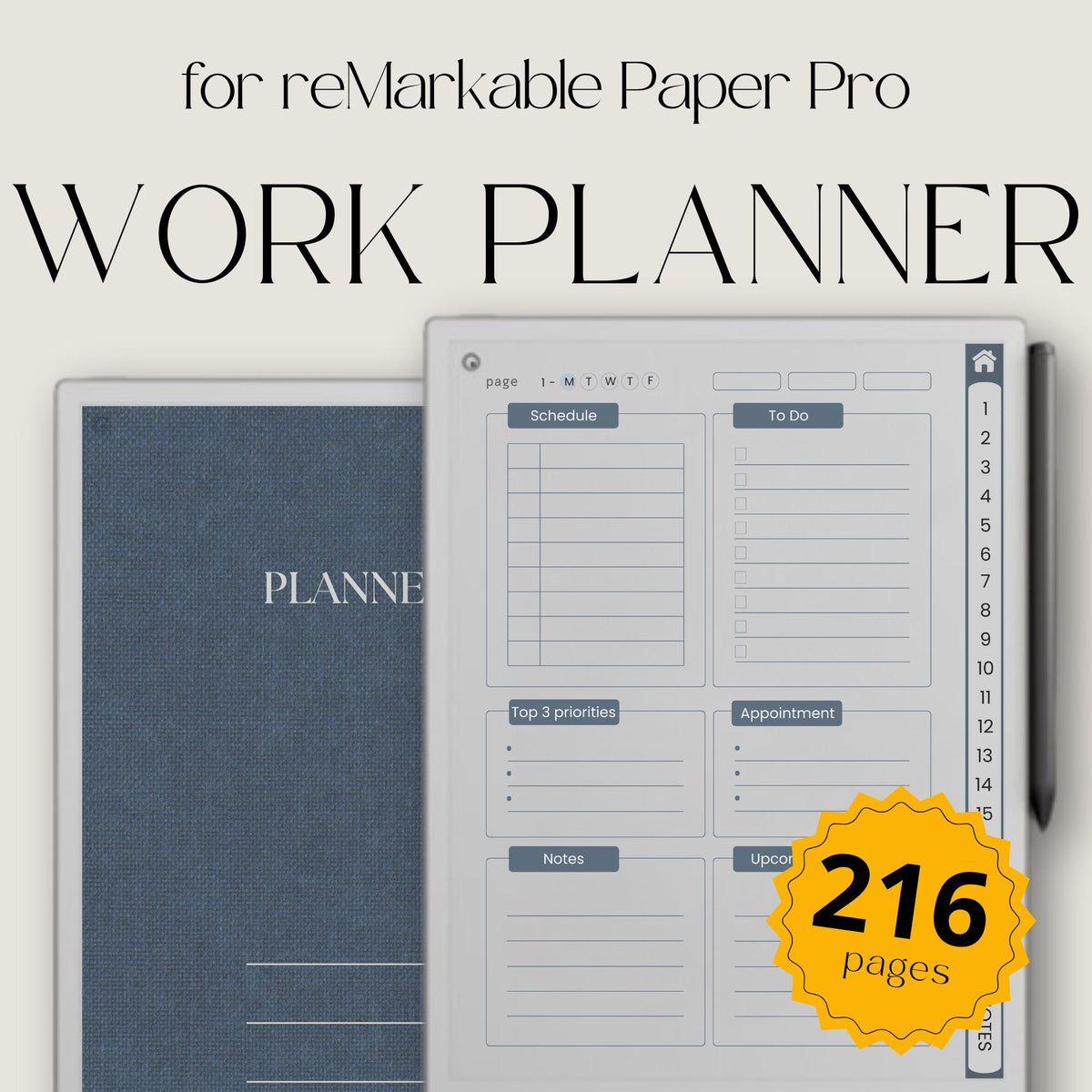 Hyperlinked Work Planner Bundle for reMarkable Paper Pro with daily task planning pages, productivity layouts, interactive navigation links, and minimalist digital business planner notebooks.