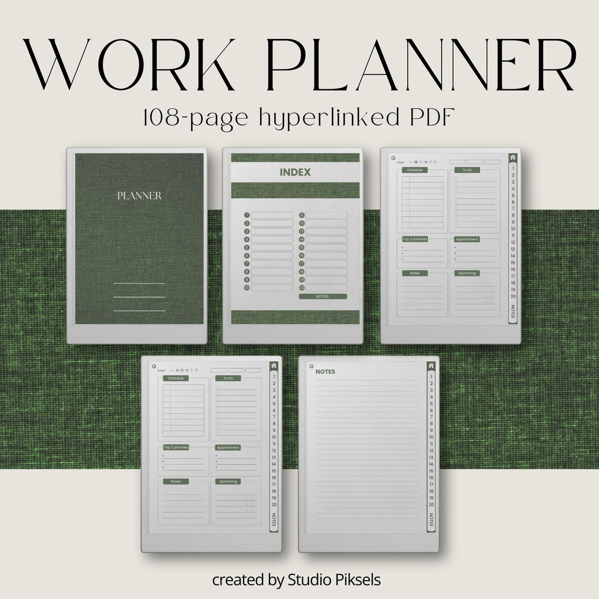 Hyperlinked Work Planner Bundle for reMarkable Paper Pro with daily task planning pages, productivity layouts, interactive navigation links, and minimalist digital business planner notebooks.
