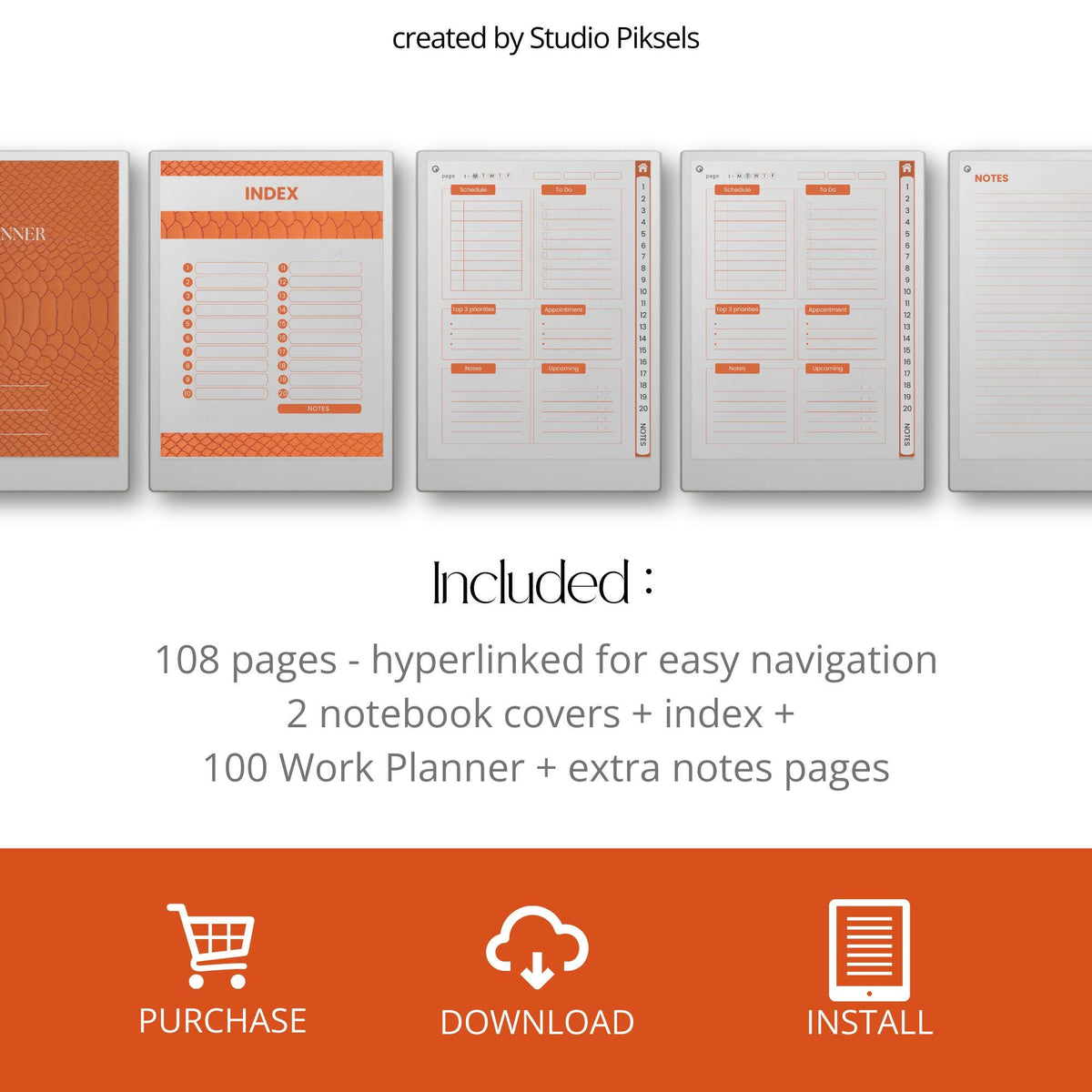 Hyperlinked work planner for reMarkable Paper Pro featuring daily task planning pages, project management layouts, business organization tools, and reusable digital productivity templates.